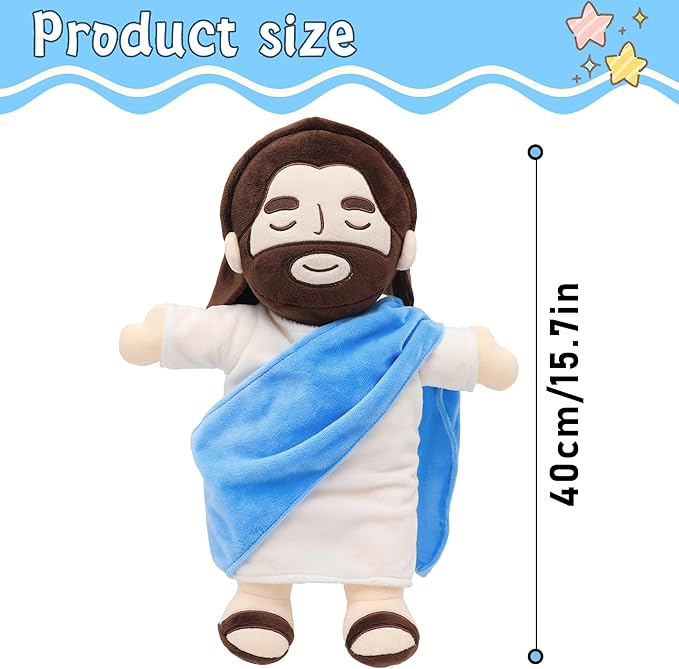 Officially Jesus Plush Breathing Soothing Stuffed Animal Heart of Jesus Toy Savior Doll for Church Sunday School Religious Easter Gift for Kids (Blue)