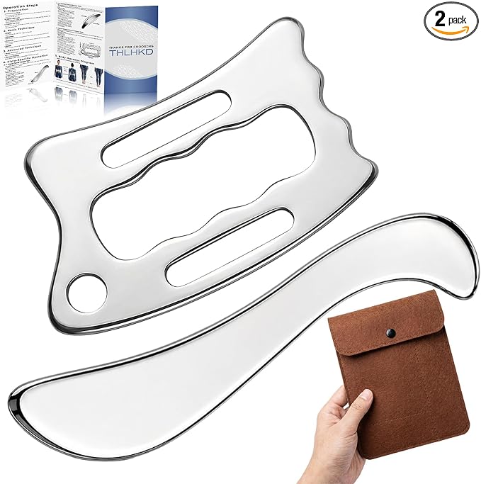 THLHKD 2 in 1 Muscle Scraper Tools Set, Stainless Steel Gua Sha Scraping Massage Tool, Physical Therapy Sports Injury Recovery, Pain Relief Deep Tissue Massage Tool