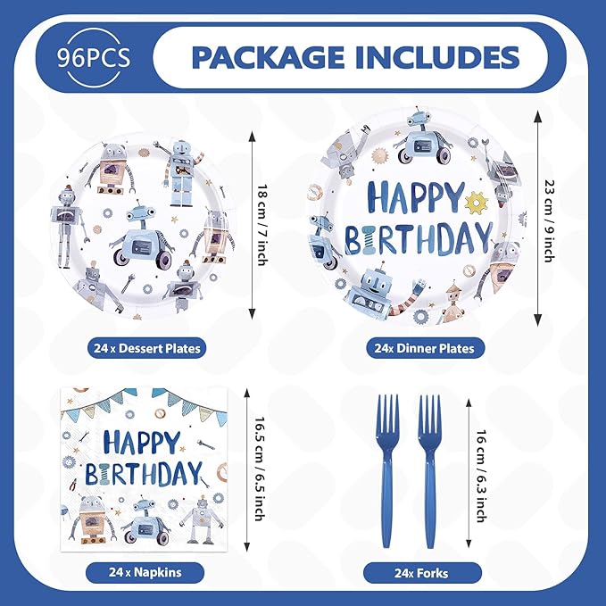 96Pcs Robot Birthday Party Decorations Happy Robot Birthday Plates and Napkins Tableware Set Blue Robots Shape Themed Decorations Favors for Boys Kids Baby Shower Gender Reveal Supplies Serves 24