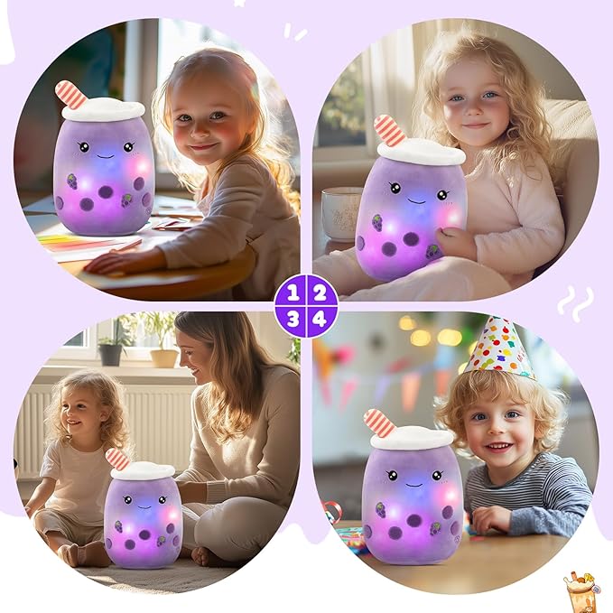 Athoinsu Light Up Purple Boba Bubble Tea Cup Pillow, 10 inch Kawaii Plushies with Colorful LED Lights, Cute & Squishy Glow Pillows, Soft Plush Stuffed Toys for Kids,Girls,Boys (Purple, Small)