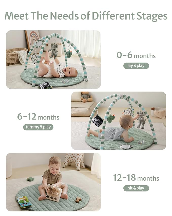 Blissful Diary Baby Play Gym Mat, Play Mat Activity Mat with 6 Detachable Toys for Stage-Based Sensory & Motor Skill Development, Easy to Install & Clean, Baby Essentials Gift, Sage Green