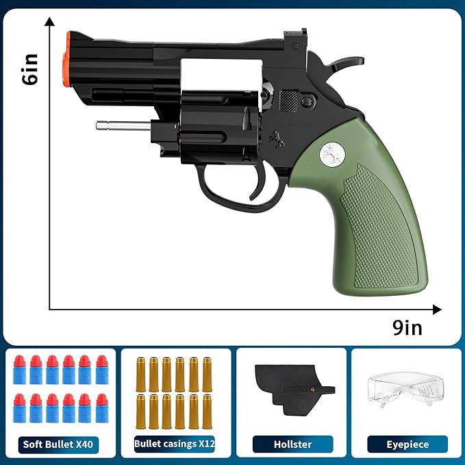 Toy Gun Soft Bullet Toy Revolver,Can fire Sponge Bullets,with 40 Bullets,for Age of 6 7 8 9 10+ Years Old Kid Boys Girls（Green）