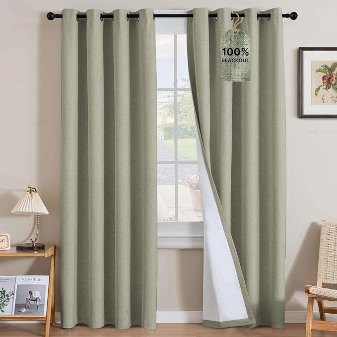 H.VERSAILTEX Linen Curtains 100% Blackout Curtains for Bedroom 102 inch Long Full Light Blocking Nature Linen Blended Window Curtains for Living Room Nickel Grommet (2 Panels, Heathered Tea)