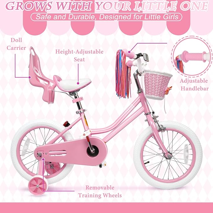 KORIMEFA Girls Bike for Ages 2-8 Years Toddler Kids with Doll Seat, 12 14 16 Inch Bicycle with Training Wheels, Little Small Princess Bicycle with Basket& Streamers, Girls Pedal Bike