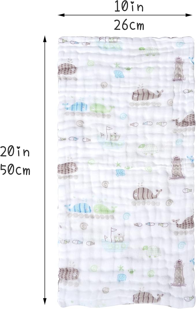 Viviland Baby Muslin Burp Cloths, 100% Cotton Super Absorbent Washcloths for Baby Girl and Boy, 10 x 20 inches 6-Layer Baby Bath Towels, Elephant & Whale Pattern 4 Pack