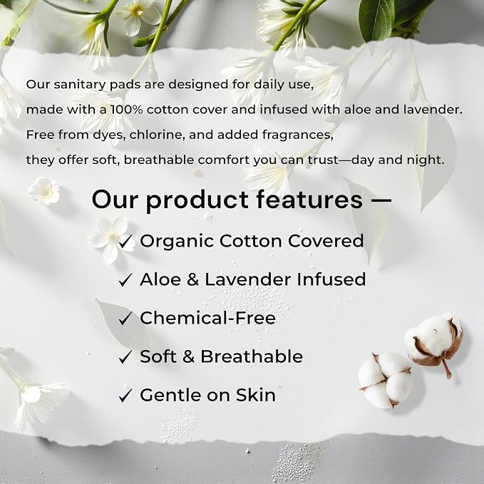 b.pure 100% Organic Cotton Super Absorbency Herbal Feminine Pads with Wings | Chemical Free | Lavender & Aloe Infused | Heavy Flow | 32-Count