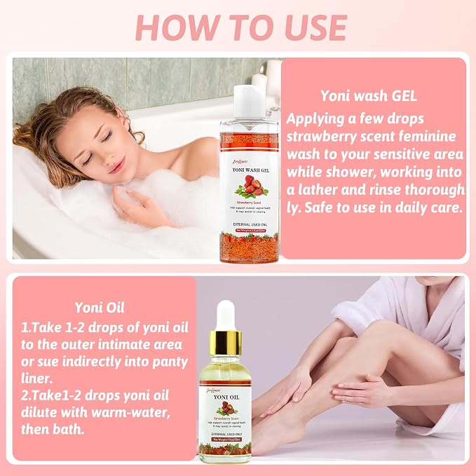 forvirness Natural Feminine Wash Yoni Wash Yoni Oil Set, Cleanse - Remove Odor - pH Balance for Women, 1 fl.oz Feminine Oil & 6.7 fl.oz Intimate Wash with Cleaning Factor - Strawberry Scent
