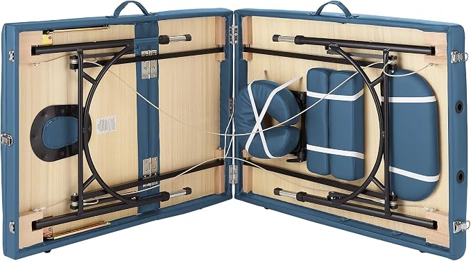 Saloniture Professional Portable Lightweight Tri-Fold Massage Table with Aluminum Legs - Includes Headrest, Face Cradle, Armrests and Carrying Case, Blue