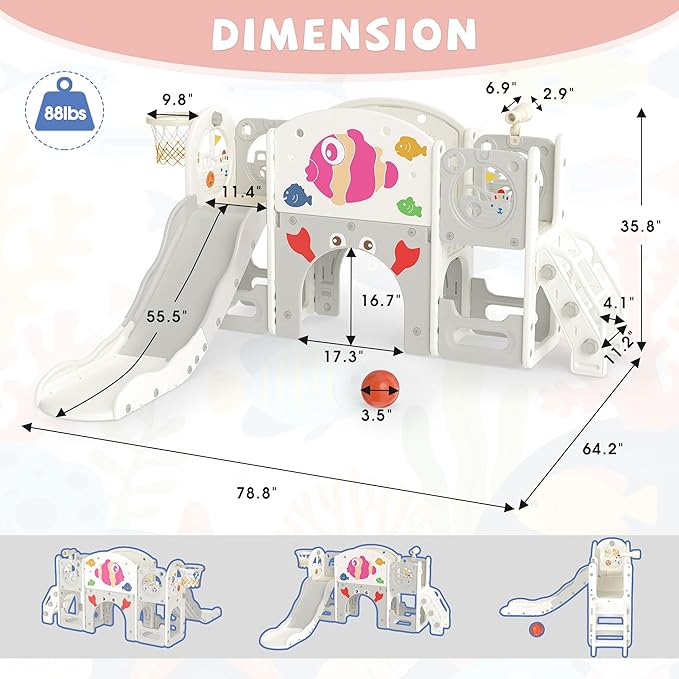 NYEEKOY 8-in-1 Toddler Slide, Toddler Playground, Suitable for Indoor Slides for Toddlers 1-3, with Climber, Basketball Hoop, and Tunnel, Rose Pink Fish