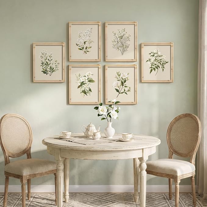 Framed Vintage Botanical Floral Wall Art for Living Room, 6 Piece 11x14 In | Neutral flower pictures, Retro wood frame, Canvas prints, Wall decor for living room bedroom hallway, Gallery wall art sets
