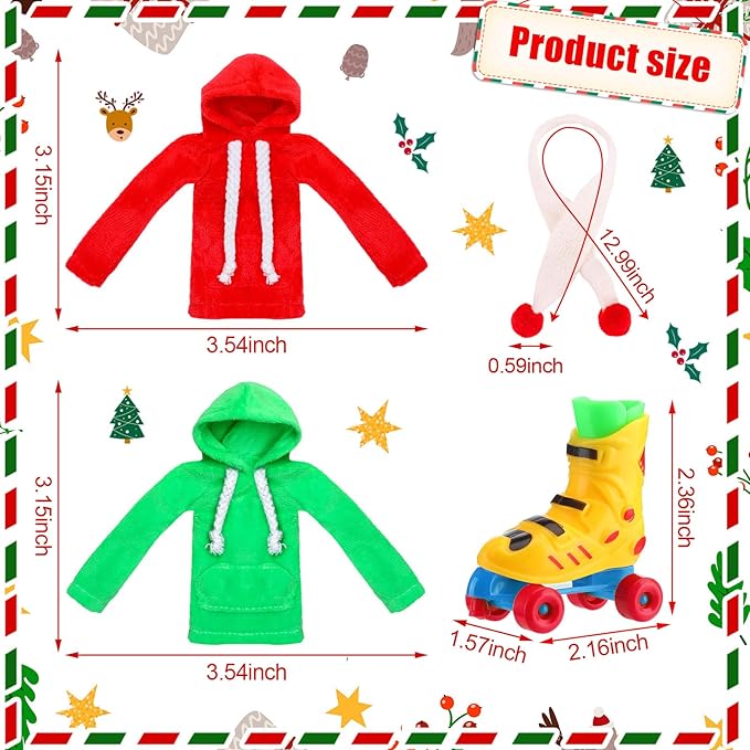 Meooeck 6 Pieces Christmas Accessories Set Including 2 Holiday Clothes Outfit, and 4 Novelty Toy Accessories for Kid(Roller Skates)
