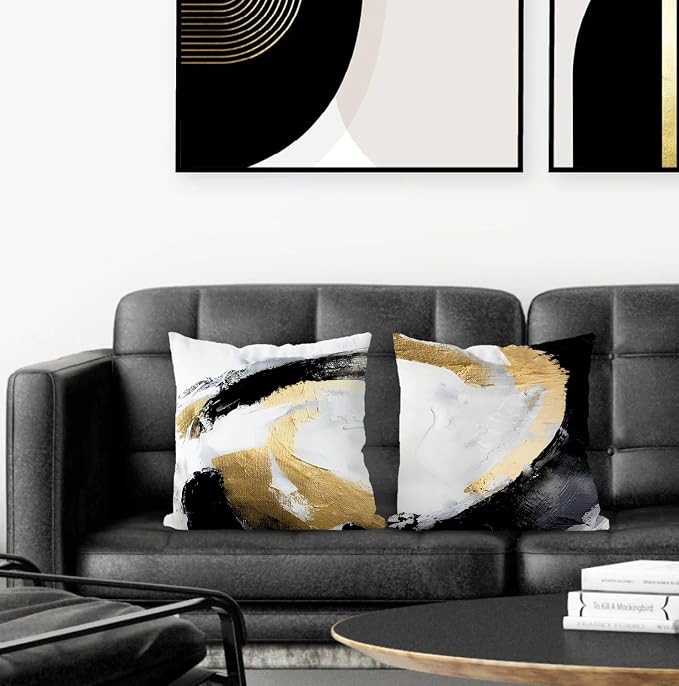 Abstract Black White and Gold Pillow Covers 16x16 Set of 2 - Modern Pillow Covers, Modern Home Decor, Black and Gold Decorative Pillows Cover for Couch Living Room Bedroom