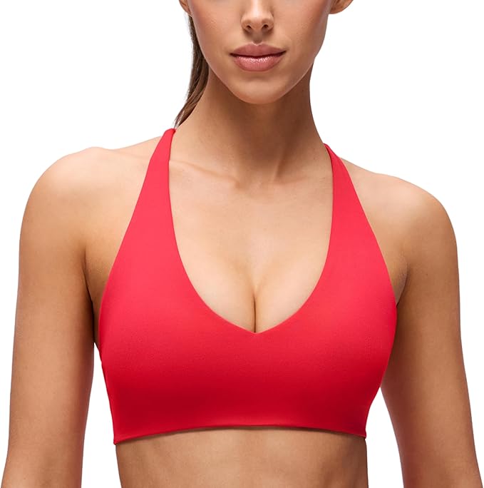 CRZ YOGA Butterluxe V Neck Twist Cross Back Sports Bras for Women - Adjustable Spaghetti Straps Padded Crop Yoga Top