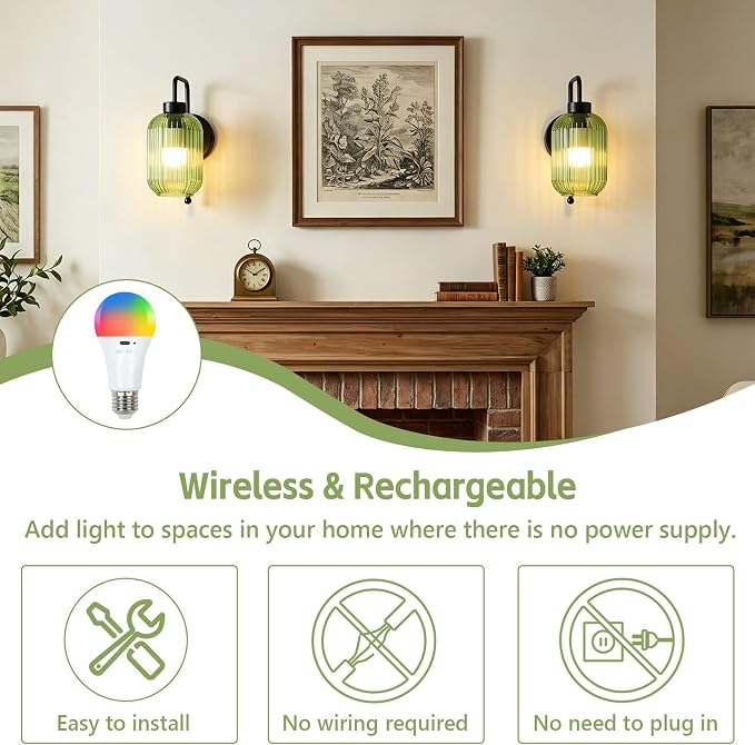 Black Wireless Sconces Set of 2 with Green Stripe Glass Shade, Battery Operated Wall Sconces with Remote and Dimmable Bulb, Vintage Rechargeable Cordless Wall Lights For Bedside Living Room Bathroom
