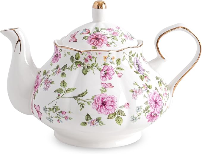 Agyiuns Flower Ceramic Teapot,22oz Porcelain Tea pot for Tea Coffee Milk for Office Home Men Women as Gift (White and big flowers)