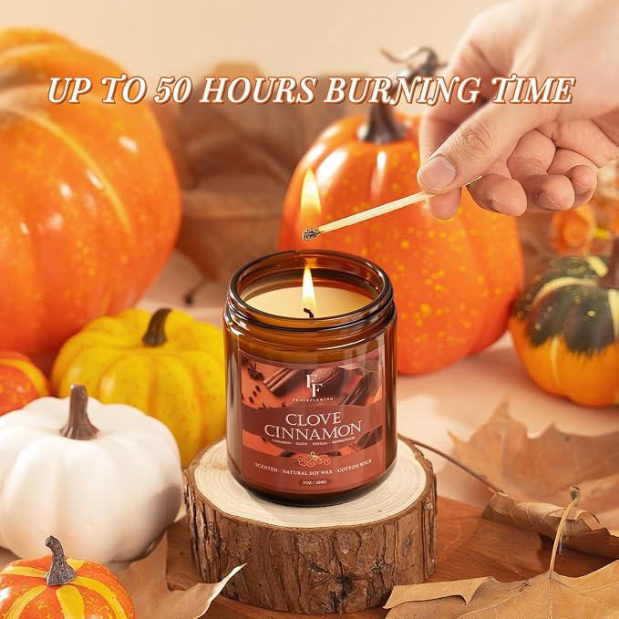 Fall Candle, Clove Cinnamon Scented Candles for Home, Natural Soy Autumn Candle Aromatherapy Candle, 7 oz Jar Candles Fall Gifts for Women Men
