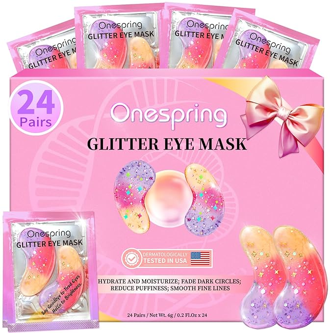 Eye Masks (24 Pairs) - Gift for Her - Tri-color Glitter Under Eye Patches for Dark Circles, Puffiness, Wrinkles, Soothing & Hydrating, Peptides Eye Gel Pads, Beauty Essential for Women, Birthday Gift