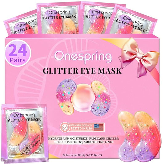 Eye Masks (24 Pairs) - Gift for Her - Tri-color Glitter Under Eye Patches for Dark Circles, Puffiness, Wrinkles, Soothing & Hydrating, Peptides Eye Gel Pads, Beauty Essential for Women, Birthday Gift