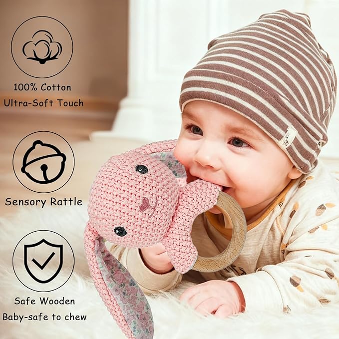 Pink Bunny Wooden Baby Rattle 2 PCS 10'' Rabbit Crochet Cotton Stuffed Animal Toys Set for Baby: Rabbit Plush Doll Toy and 5.9'' Baby Rattle Teddy Bear for Newborn Baby Shower Birthday Gift