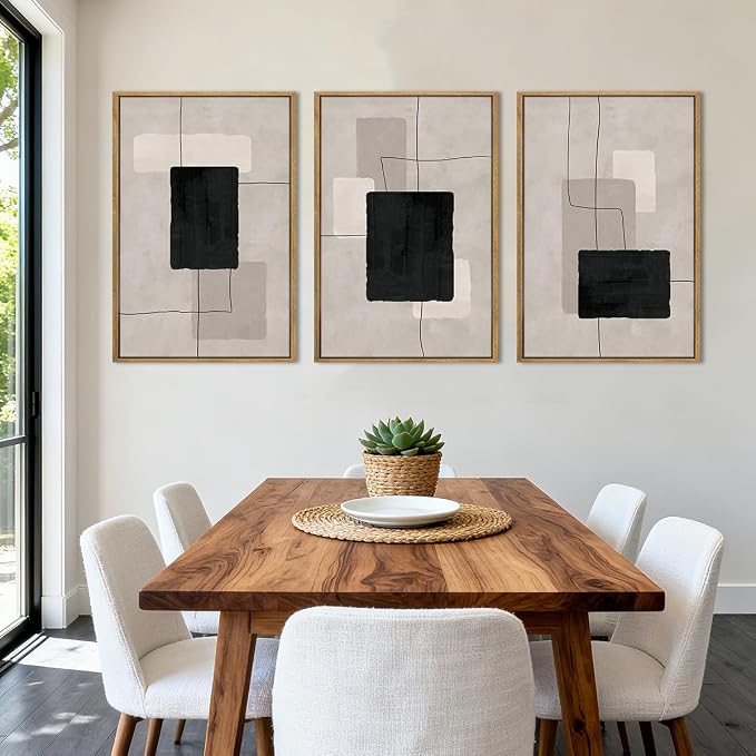 ANHUIB Modern Abstract Wall Art Canvas,Neutral Abstract Wall Art Framed,Contemporary Minimalist Prints,Geometric Line Artwork,3 Piece 16 * 24IN Mid Century Painting for Living Room Bedroom Office