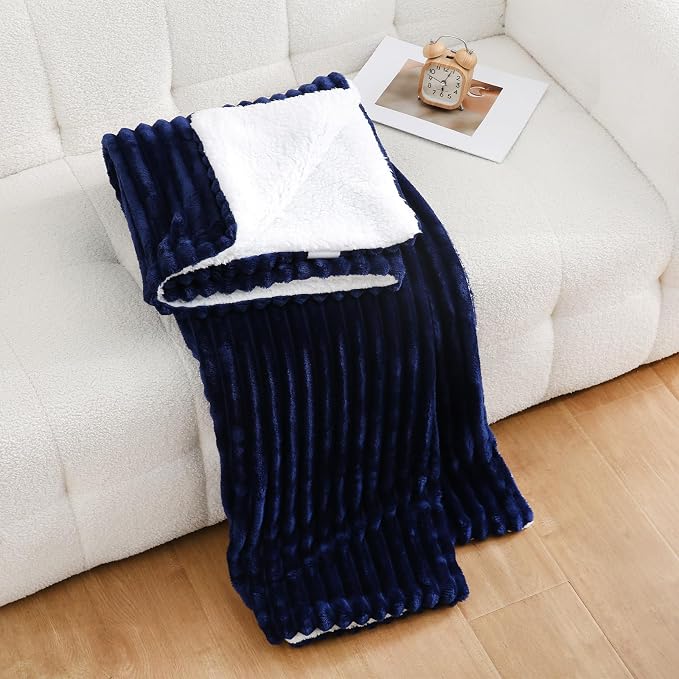 Navy Blue Sherpa Fleece Throw Blanket 60”×80”for Couch Sofa Bed | Double Side Soft Fuzzy Cozy Plush Thick Flannel Blanket with Striped Design Gift for Adults,Woman