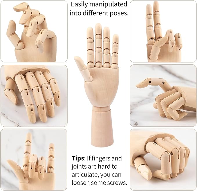 2-Pack 12" Drawing Hand Model,8" Artist Wooden Mannequin Figure Human People Dolls Manikin Supplies Stop Motion Figure Kit,Art Wooden Tools Posable Figure for Drawing,Painting,Sketching
