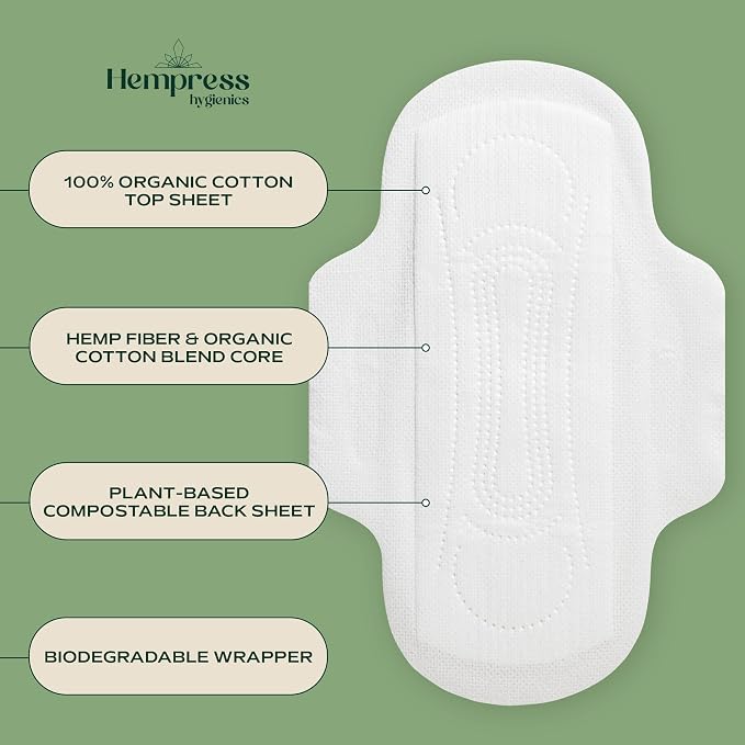 Hempress Ultra Thin Pads for Women, 72 Count, Feminine Care Pads, Regular Flow Ultra Absorbent Cotton with Wings, Menstrual Sanitary Napkins, Unscented, Breathable Design