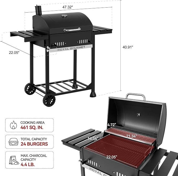 Royal Gourmet CD1824ET Movable Charcoal BBQ Grill with Foldable Side Tables | 24-Inch Outdoor Barbecue Grill with 461 Sq. In., Temperature-Controlled, for Outdoor Picnic and Camping Grilling, Black