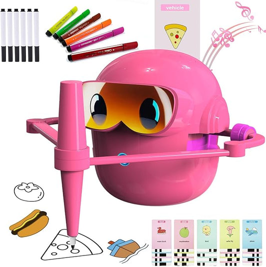 Custer's Night Drawing Robot for Kids - Montessori Painting Toys for 3 4 5 6 7 8 Year Old, Voice Interactive Educational Drawing Machine with 100 Cards,12 Colorful Pens & Music-Gift for Boys Girls P