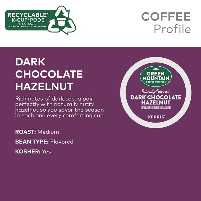 Green Mountain Coffee Roasters Dark Chocolate Hazelnut Coffee, Keurig Single Serve K-Cup Pods, 72 Count (6 Packs of 12)