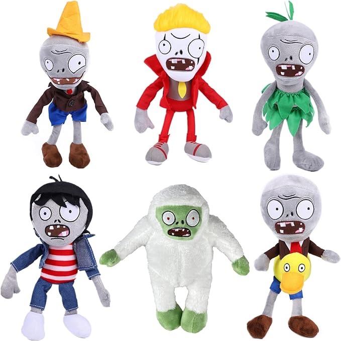 JHESAO 6 PCS Plants and Zombies Plush Green Skirt Zombies Plushies Sets Toy Conehead Zombie, 1 2 Stuffed Soft Duck Zombie Doll, Yeti PVZ Plush Figure Doll New