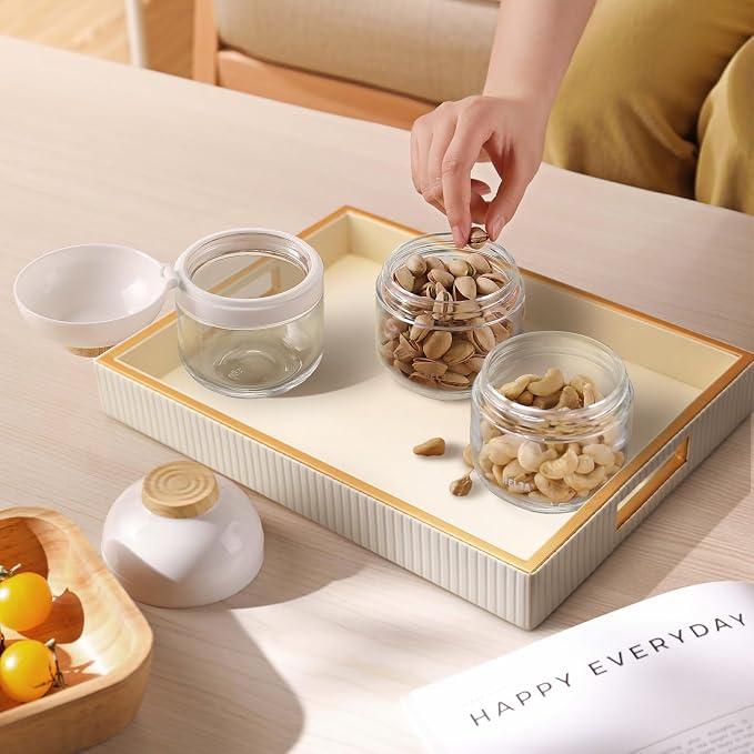 Leather Tray Desktop Storage Organizer, Rectangle Valet Tray, White | Premium Serving Trays with Handles, Decorative Tray Desk Organizer for Sundries Cosmetics Phone Wallet Keys Cutlery