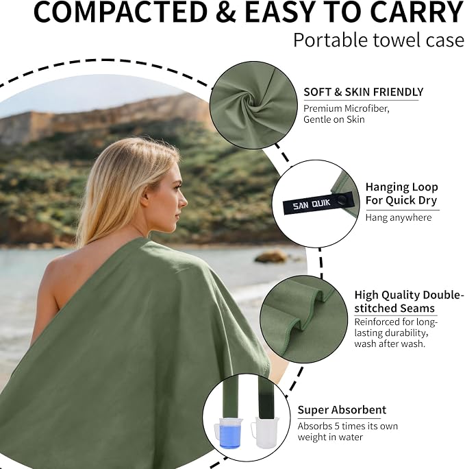 Quick Dry Camping Towel with EVA Case, Microfiber Travel Towel 3 Size at 1 Pack, Super Absorbent Lightweight Fast Drying Towel Set for Beach, Gym, Sports, Backpacking, Yoga & Swimming Pool, Army Green