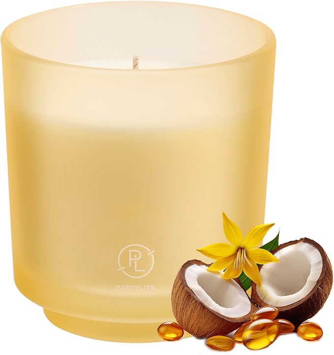PartyLite Coastal Amber & Shea Scented, Notes of Ylang Ylang Flower, Citron & Coconut, 10oz 1-Wick Aromatherapy Refillable Jar Candle, 50 Hour Burn Time, Sustainable Wax in Reusable Vessel
