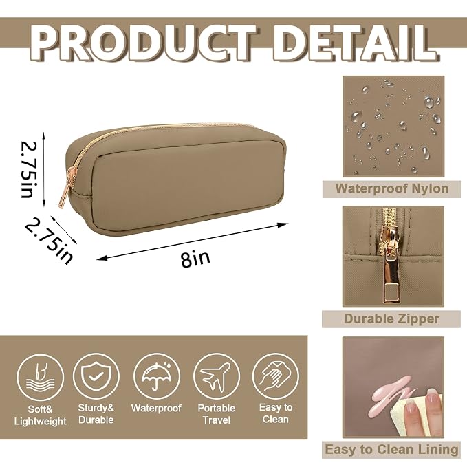 UIXIZQ Small Pencil Case Makeup Bag for Purse, Cute Pencil Pouch Preppy Nylon Makeup Brush Pouch with Zipper, Girls Portable Stationery Storage Case for Office School College(Slim-Khaki)