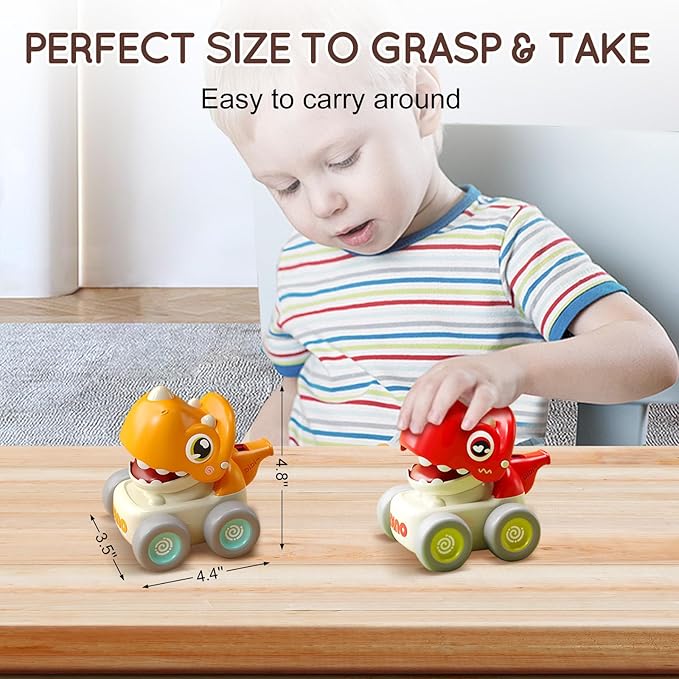 Dinosaur Racing Cars for Toddlers 1-3, Baby Press and Go Car Toys, Infant Play Vehicle Set with Whistle, Baby Push Go Friction Car Toys for 18M+, 1st Birthday Gift for 1 2 Years Old Boys Girls