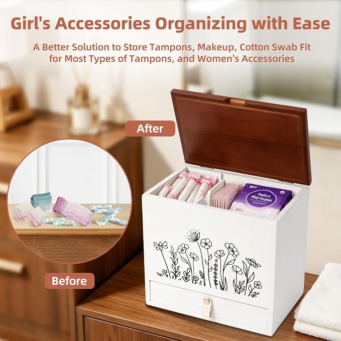 2-Layer Solid Wood Tampon Box Storage Organizer, 100% Wood Bathroom Feminine Accessories Holder with Drawer, Dual-Compartment Holder for Pads, Tampons, & Liners, Gold Floral, Gifts for Women
