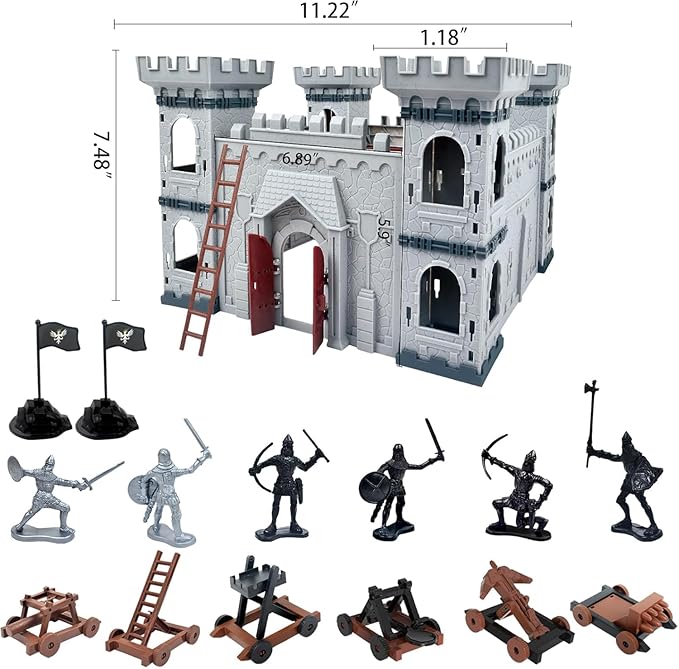 Mostop Medieval Castle Knight Toy Solider Army Figures Toy, DIY Assembled Castle Model Knight Game Soldier Building Kit with Castle,Cavalry and Arrow Tower Simulated Siege War of Attack