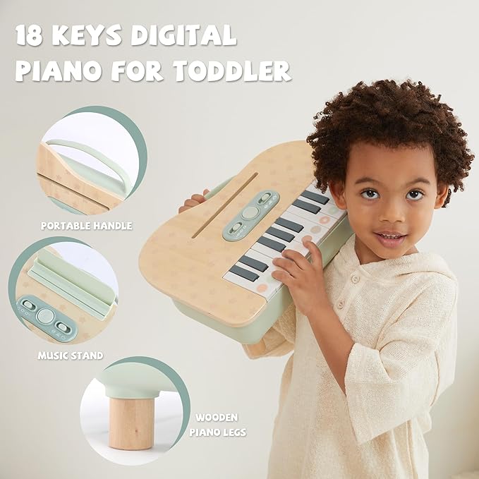 Wooden Baby Piano，18 Keys Digital Piano for Toddler ，Musical Toy Gift for Boys and Girls Over 2+