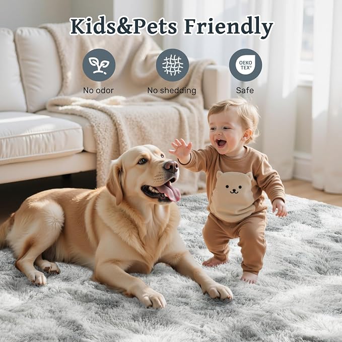 9x12 ft Rug for Living Room Fluffy Grey White Shag Rug Non-Slip Area Rugs Carpet for Bedroom Nursery Kids PlayRoom Dorm Office Indoor Modern Plush Carpets