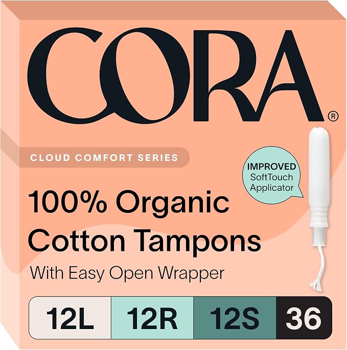 Cora Organic Tampons Multipack (12 Light, 12 Regular, 12 Super Tampons)