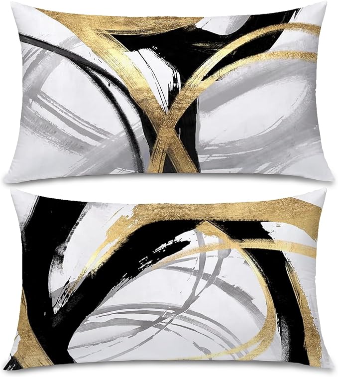 Black White and Gold Pillow Covers, Abstract Black and Gold Pillow Covers 12x20 Set of 2, Modern Boho Home Decor, Black and Gold Decorative Throw Pillows Cover for Couch Living Room Bedroom