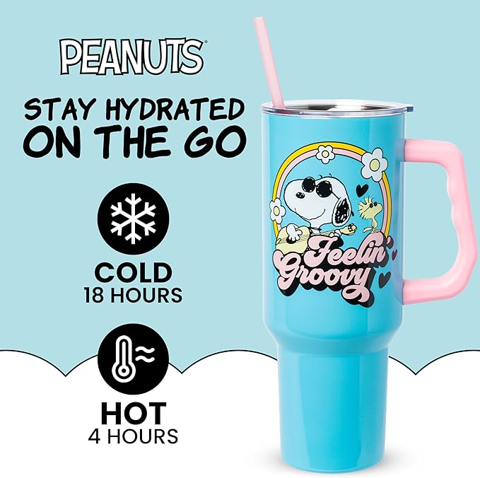 Silver Buffalo Peanuts Featuring Snoopy and Woodstock Feelin' Groovy Double Walled Stainless Steel Tumbler with Handle and Straw, Fits in Standard Cup Holder, 40 Ounces