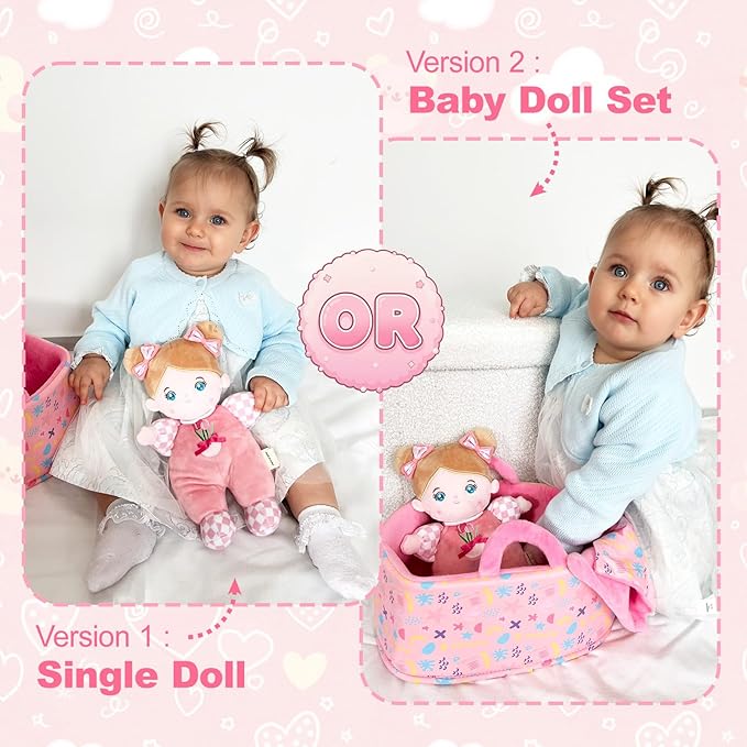 OUOZZZ Soft Baby Doll for Ages 3 and UP - Toys for Ages 3 and UP Birthday Christmas Plush Gift for Toddler Adorable First Doll Tulip Pink 10"