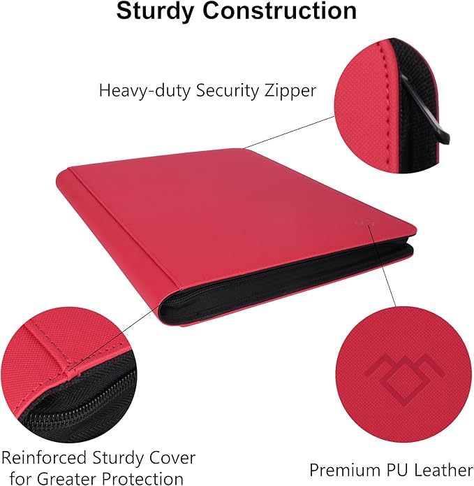 GrinOwl 16 Pocket Top loader Binder, Holds 640 Top Loaders, Large Top loader Card Binder with Sleeves for Cards in 3" x 4" Top loaders (Red)