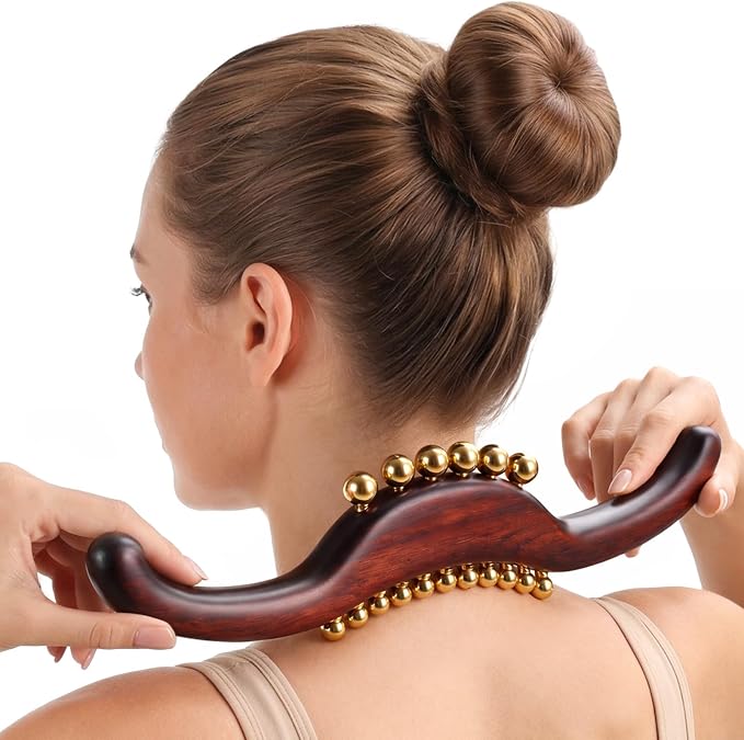 ONUEMP Sandalwood Gua Sha Muscle Scraper Tool with 17 Brass Beads, Wood Therapy Massage Tools Maderoterapia Kit for Lymphatic Drainage Body Sculpting, Deep Tissue Cellulite Massager Fascial Release