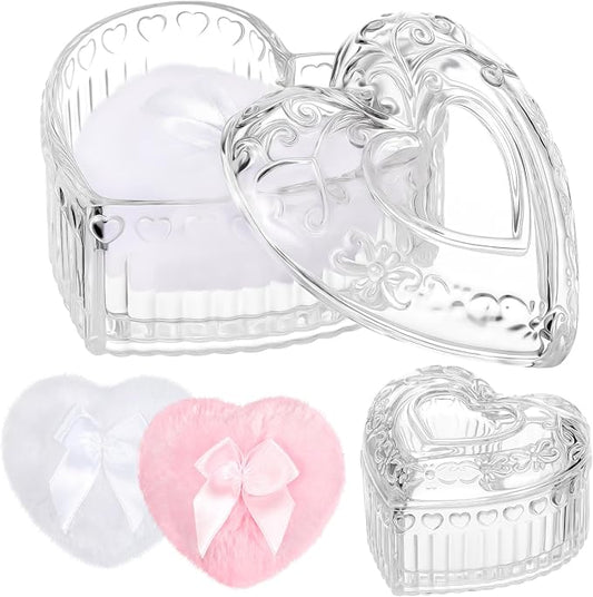 Tioncy 3 Pcs Large Body Powder Puff and Container Valentine's Day gift Powder Container with Puff Crystal Case Soft Washable Reusable Velour Face Body Glitter Wet Dry Makeup(Heart,Clear)