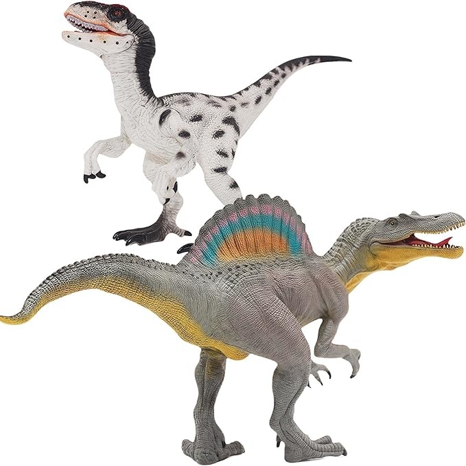 Gemini&Genius Spinosaurus Velociraptor Dinosaur Action Figure Toys Set, Large and Realistic Dinosaur Toy Set with Moveable Jaw and Hands, Dino Toy Figures, Collections, Plays, Displays for Kids