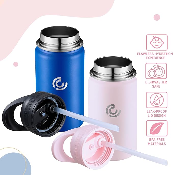 2 Pack Kids Water Bottle,14oz Stainless Steel Insulated Water Tumbler Leak-Proof,School Water Mug,Small and Portable,Suitable for Boys and Girls to Use(Pink + Blue)