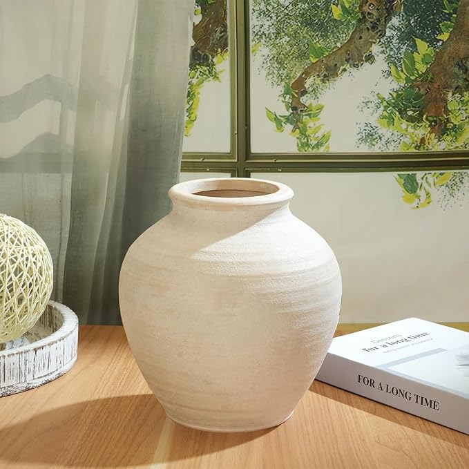 Ceramic Flower Vase Home Decor, 6.2 inch Farmhouse Rustic Vintage Decorative Vases, Pottery Terracotta Boho Flowers Vases for Dining Table, Living Room, Shelf, Kitchen, Bedroom (6.2"-White)